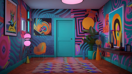 3D rendering of the interior of a room with a colorful wallの素材
