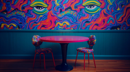 Vintage table and chairs in a cafe with colorful wall background.の素材