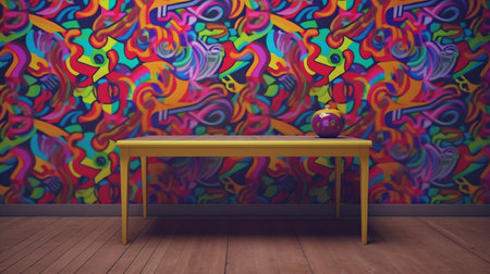 Vase on table in room with colorful graffiti wall. 3D renderingの素材