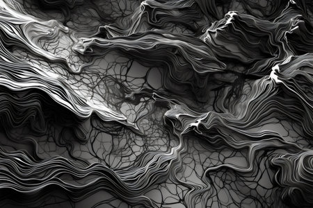 Abstract black and white wavy background. Fantasy fractal texture. Digital art. 3D rendering.の素材