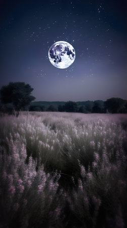 Full moon over a field of lavender at night in retro styleの素材