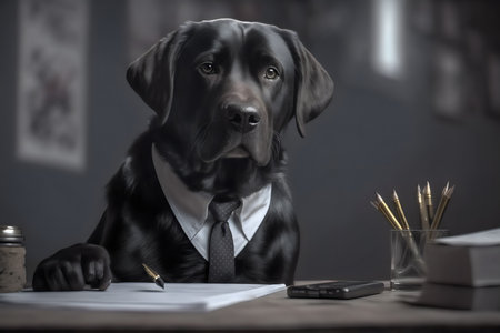 Labrador Retriever dog with a black tie and a notebookの素材