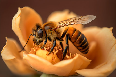 Honey bee on a yellow rose flower. Macro photography of a bee.の素材