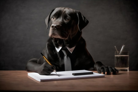 Labrador Retriever dog sitting at a desk with a pen and a notebookの素材
