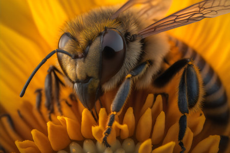 Macro of a bee on a yellow flower. Shallow depth of field.の素材