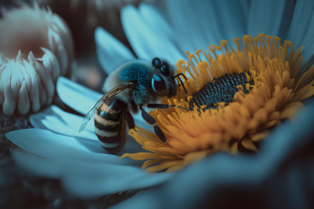 Close-up of a bee collecting pollen from a daisy flowerの素材