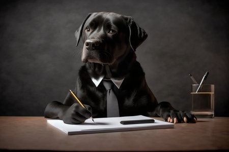 Labrador Retriever dog in a business suit and tie sitting at a desk with a pen and a notebookの素材