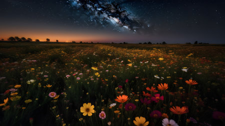 Cosmos flowers in the field at night with stars and milky wayの素材