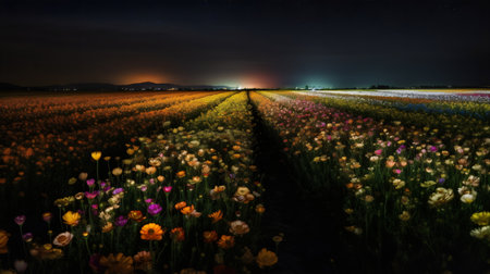 Beautiful Colorful Flowers Blooming in the Field at Night in Springの素材
