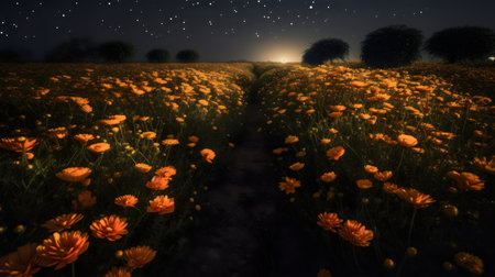 Field of poppies at night. 3D rendered illustration.の素材