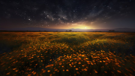 Meadow of poppies at night with starry skyの素材