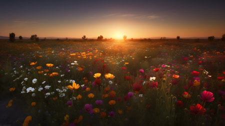 Beautiful field of poppies and daisies at sunsetの素材