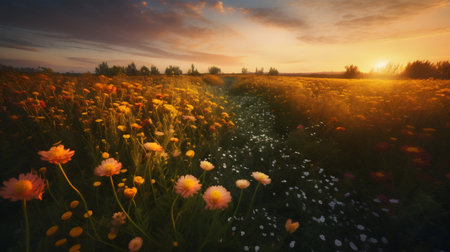 Sunset over a field of daisies in the summer.の素材