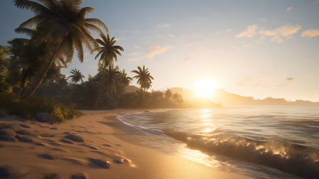 Tropical beach at sunset. Seascape with palm treesの素材