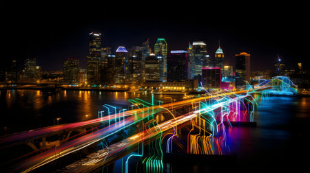 New York City skyline at night with light trails on the river.の素材