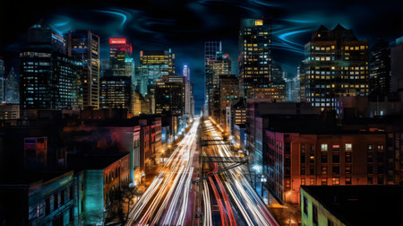 Illustration of New York City downtown at night with urban traffic.の素材
