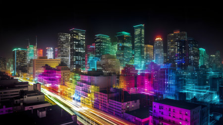 Modern city at night with neon lights. 3D Rendering.の素材