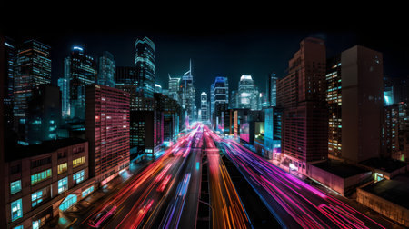 Cityscape with light trails on the road at night.の素材