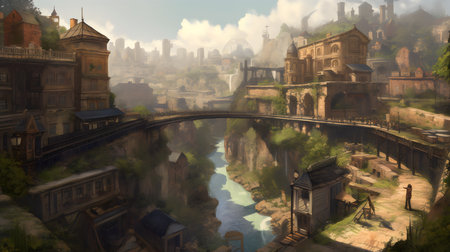 Digital painting of a bridge over a river in a misty cityの素材