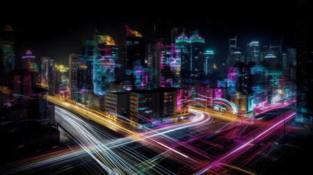 Modern city at night with lights and motion blur.の素材