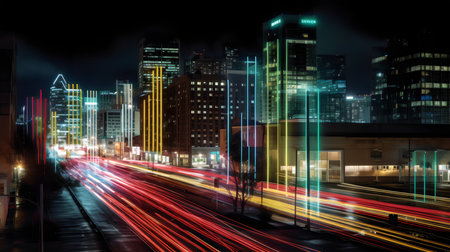 Modern city at night with light trails on the road and urban landscapeの素材