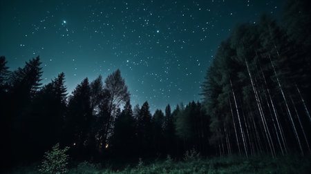 Night sky with stars and silhouettes of trees in the forest.の素材