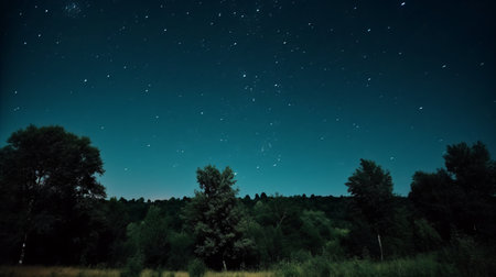 Night sky with stars and milky way over the forest. Long exposureの素材