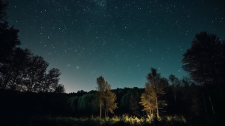 Night sky with stars and milky way over forest. Long exposureの素材