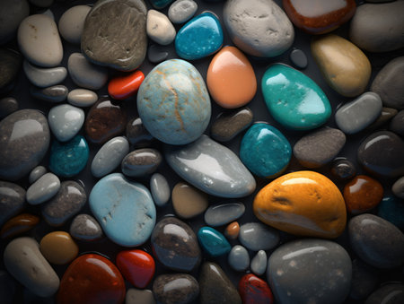 Colorful pebbles on the beach, closeup of photoの素材