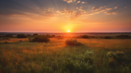 Beautiful sunset over the steppe. Panoramic view.の素材