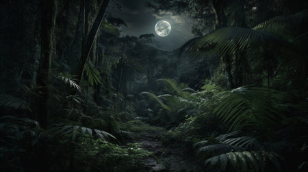 Fantasy dark forest with full moon in the night.の素材