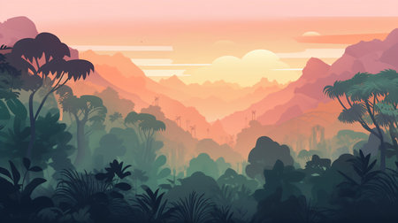 Silhouette of jungle and mountains at sunset.の素材