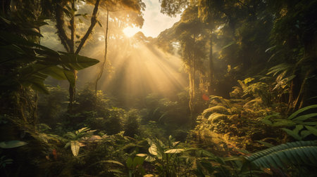 Sunlight shining through the rainforest at Doi Inthanon National Park, Chiang Mai, Thailandの素材