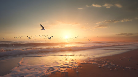 Seagulls flying over the sea at sunset. Seascapeの素材