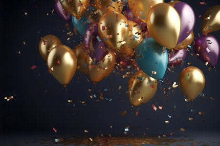 Flying balloons with confetti on dark background.の素材