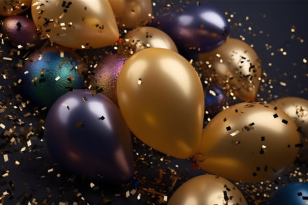 Festive background with golden and silver balloons and confetti.の素材