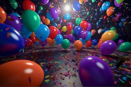 Colorful balloons and confetti on the floor. 3d renderingの素材