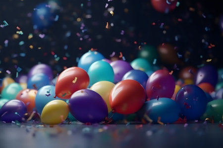 Colorful balloons and confetti on a dark background, party conceptの素材