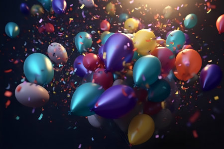 Colorful balloons and confetti on black background.の素材