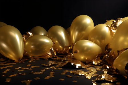Golden balloons and confetti on a black background.の素材