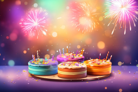Birthday cake with burning candles and fireworks on colorful bokeh backgroundの素材