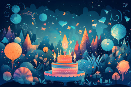 Birthday cake with candles on the background of the forest. Vector illustration.の素材