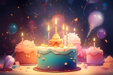 Birthday cake with candles and confetti on dark background. 3D Renderingの素材