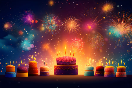 Happy Diwali background with cake and fireworks. Vector illustration.の素材