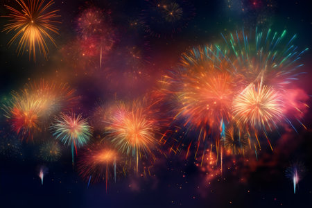 Fireworks summer night sky background with bokeh lights and starsの素材