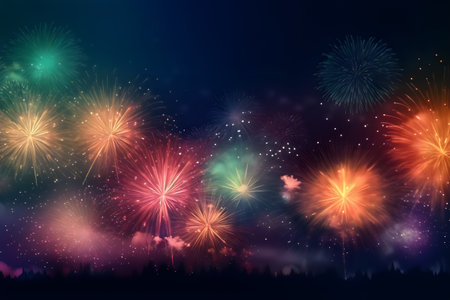 Fireworks summer night sky background with space for text. Vector illustrationの素材