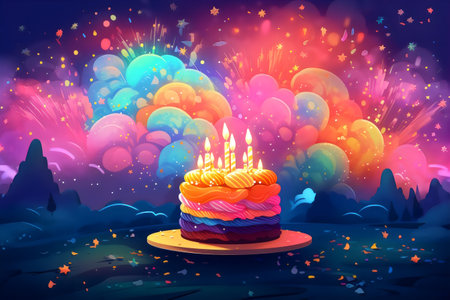 Birthday cake with burning candle on the background of the night sky. Vector illustration.の素材
