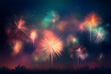 Colorful fireworks on celebration night sky background. Vector Illustration.の素材