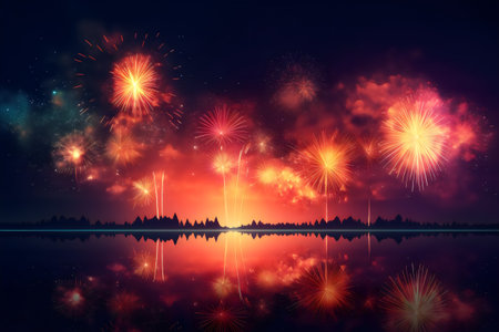 Fireworks in the night sky with reflection on water, vector illustrationの素材