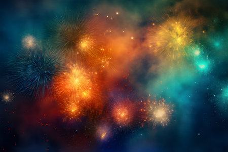 Colorful fireworks with bokeh effect on dark blue sky backgroundの素材